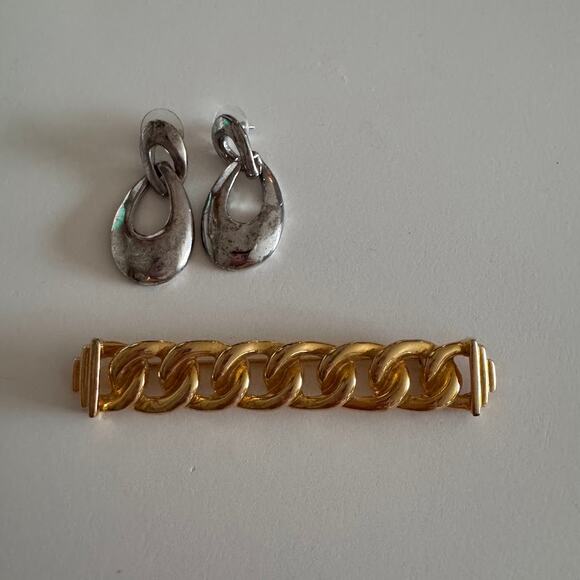 Vintage Givenchy Costume Jewelry GoldTone Braided Bar Brooch and Silver Earrings - Picture 1 of 11